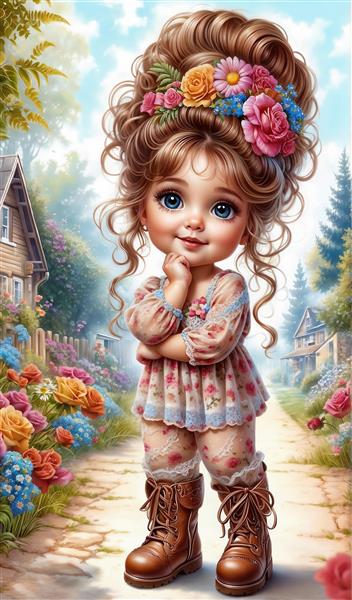 طرح فانتزی دختر با مدل موی بلند و چکمه‌های قهوه‌ای در مسیر باغ گل برای چاپ پوستر عمودی و تابلوهای دکوراتیو