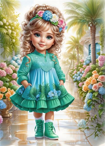 مدل فانتزی دختر مو بلند با تاج گل و لباس فیروزه‌ای ویژه چاپ روتختی و پوستر دیواری پشت تخت خواب