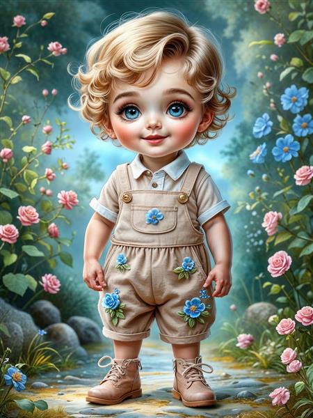 تصویر ایستاده کودک با لباس شیک در میان گل‌های رز صورتی و آبی برای چاپ پوستر دیواری پهن و عریض