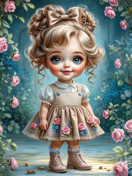 طرح لوکس پرنسس کوچک با موهای آرایش شده و لباس گل‌دار مناسب چاپ روی پرده اتاق خواب و پوستر دیواری سه بعدی