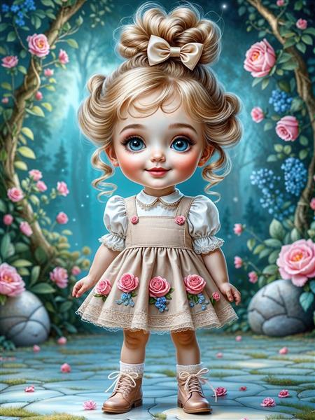 پوستر دیواری سه بعدی اتاق خواب دخترانه با طرح پرنسس کوچک در میان گل های رز و فضای رویایی جنگل