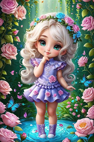 دختر مو بلوند فانتزی در میان گل‌های صورتی و آبی رویایی مناسب چاپ تابلو اتاق خواب کودک و کاغذ دیواری سه بعدی اتاق دخترانه