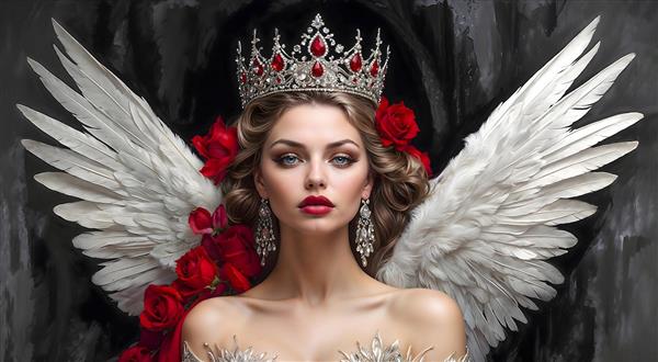 تصویر درشت‌نمایی صورت فرشته با تاج جواهرنشان و گل‌های رز قرمز ویژه تابلوهای دکوراتیو عمودی و شلف‌های دیواری