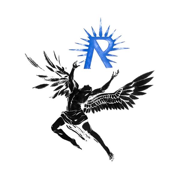 طرح مینیمال سقوط فرشته به رنگ مشکی و لوگوی آبی جهت چاپ روی پوشه، کلاسور و تیشرت‌های گرافیکی