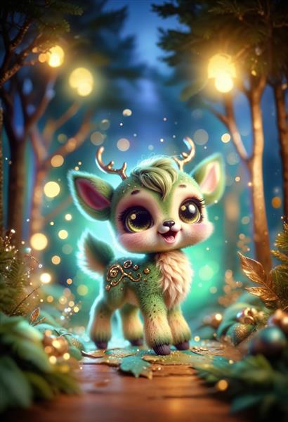 پوستر دیواری فانتزی بچه گوزن سبز در جنگل جادویی با نورپردازی بوکه مناسب اتاق نوزاد و مهد کودک
