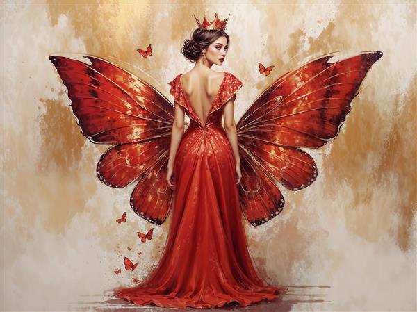 طرح ملکه پروانه‌ای با لباس مجلسی قرمز و تاج پادشاهی برای پوستر دیواری پشت تخت خواب یا مزون عروس