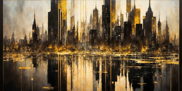 نقاشی انتزاعی از خط افق نیویورک با تم رنگی طلایی و مشکی برای پوستر دیواری عریض در اتاق جلسات و کنفرانس