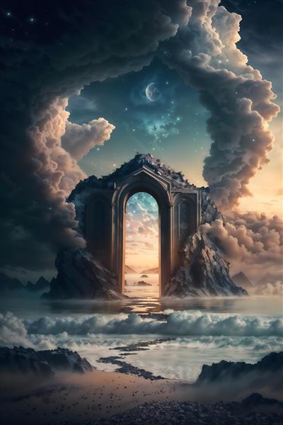منظره رویایی دروازه‌ای سنگی در میان ابرها و اقیانوس زیر نور ماه ویژه پوستر دیواری آرامش‌بخش اتاق خواب و اتاق کار