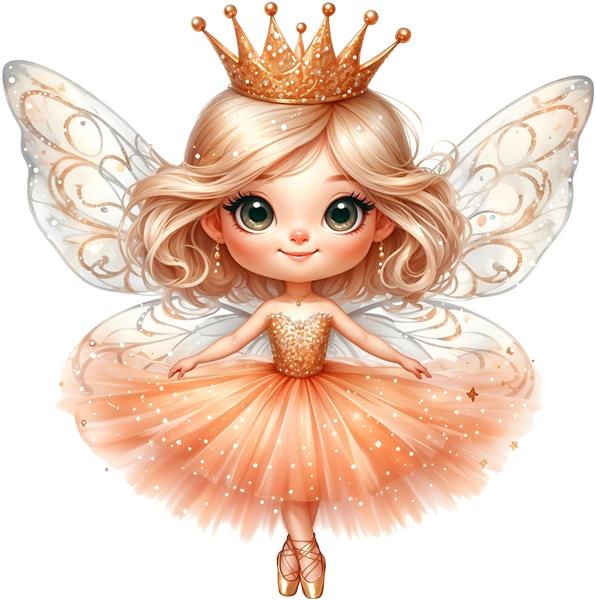 طرح کارتونی پرنسس بالدار کوچولو با لباس پف‌دار نارنجی و تاج طلایی ویژه کاغذ دیواری اتاق کودک و روتختی نوزاد