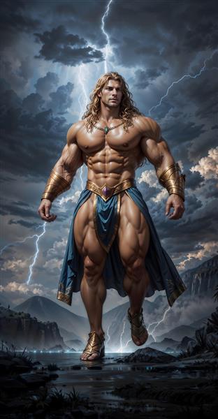 پوستر دیواری سه بعدی هرکول یا خدای یونانی در میان رعد و برق و کوهستان برای دکوراسیون سالن‌های بدنسازی و گیم‌نت