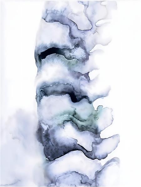 طرح انتزاعی آبرنگی از اسکلت ستون فقرات با تناژ رنگی طوسی و آبی ملایم ویژه پوستر دیواری مدرن مطب پزشک ارتوپد