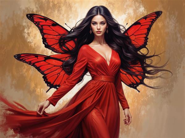 تصویر هنری زن زیبا با بال‌های پروانه قرمز و لباس حریر مجلسی مناسب چاپ روی تابلو بوم دکوراتیو و پوستر دیواری پذیرایی لوکس