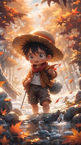 طرح انیمه لوفی (وان پیس) در جنگل پاییزی مناسب پوستر دیواری اتاق نوجوان، دفترچه یادداشت و استیکر لپ‌تاپ