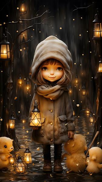 طرح کارتونی دخترک با فانوس در جنگل جادویی مخصوص پوستر دیواری اتاق کودک، مهدکودک و جلد کتاب داستان