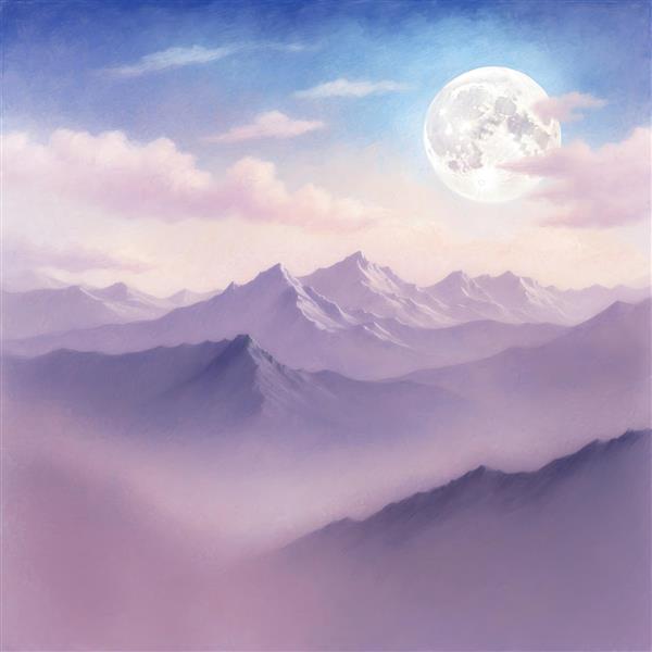 پوستر دیواری پانوراما از کوه‌های بنفش و ماه کامل رویایی برای آرامش اتاق خواب، مدیتیشن و هتل‌های لوکس