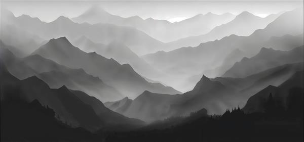 منظره مینیمال کوهستان مه‌آلود سیاه و سفید مناسب پوستر دیواری عریض سالن کنفرانس، اتاق کار و دکوراسیون اداری