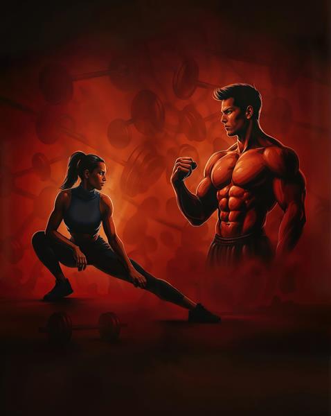 طرح انگیزشی بدنسازی و فیتنس زن و مرد با پس‌زمینه قرمز برای پوستر دیواری باشگاه‌های ورزشی و هوم جیم