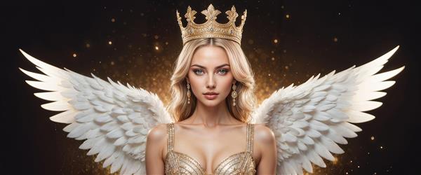 تصویر باکیفیت فرشته بالدار با تاج طلایی و بال‌های سفید پهن مناسب برای پوستر دیواری لابی هتل، تالار پذیرایی و قاب دکوراتیو
