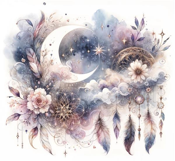 نقاشی آبرنگی دریم کچر و ماه با گل‌های ملایم مناسب چاپ روی پرده پانچی، روتختی دونفره و پوستر دیواری اتاق خواب آرامش‌بخش