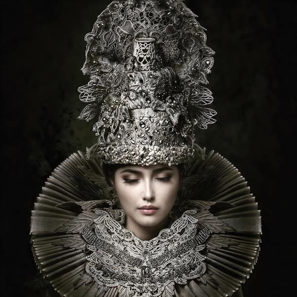 پرتره کلاسیک زن با لباس و یقه توری مجلل ویژه پوستر دیواری مزون‌های لباس عروس و عمارت‌های باشکوه