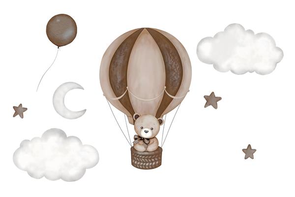 پوستر دیواری کودکانه خرس مهربان سوار بر بالن در میان ابر و ماه ویژه اتاق نوزاد، مهدکودک و سرویس خواب