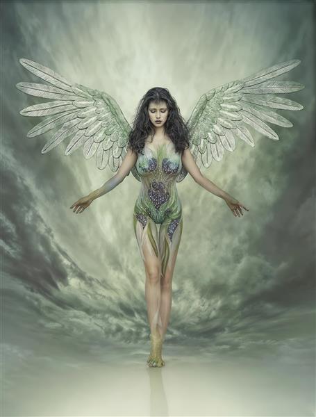 طرح گرافیکی فرشته با بال‌های سبز و لباس گل‌دار ویژه پوستر دیواری آتلیه و تابلوهای دکوراتیو اتاق خواب خانم‌ها
