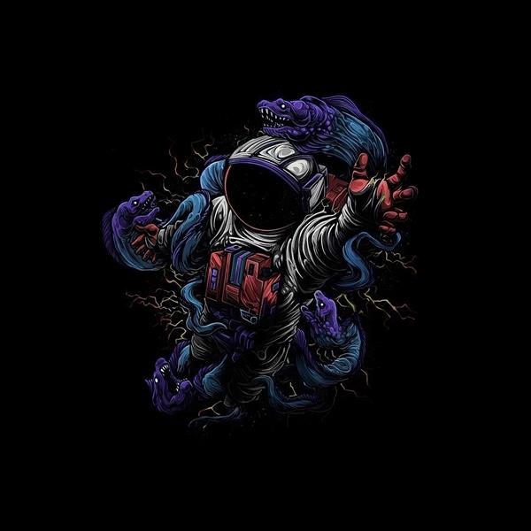 طرح فانتزی فضانورد و مارهای بنفش در فضا ویژه پوستر دیواری اتاق کودک و نوجوان، گیم‌نت و چاپ روی هودی