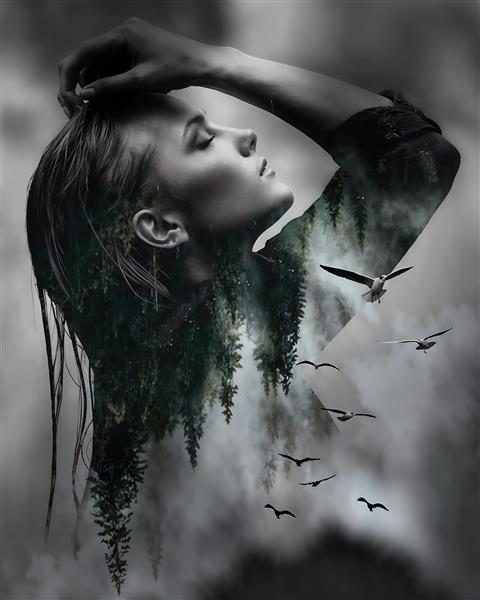 پوستر دیواری هنری ادغام چهره زن با جنگل و پرنده مناسب برای دکوراسیون لابی هتل و کلینیک‌های زیبایی