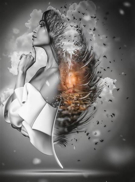 طرح مفهومی و سورئال چهره زن و پرندگان در مه برای پوستر دیواری اتاق خواب، مدیتیشن و تابلوهای هنری مدرن
