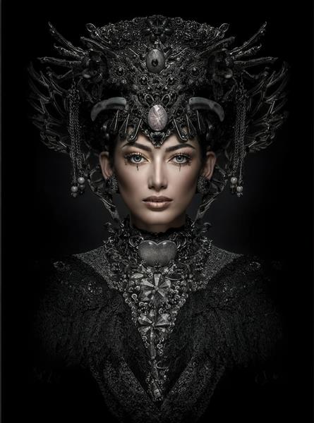 تصویر فانتزی ملکه تاریکی با تاج مجلل سیاه برای پوستر دیواری آتلیه عکاسی، آرایشگاه‌های زنانه و دکوراسیون خاص