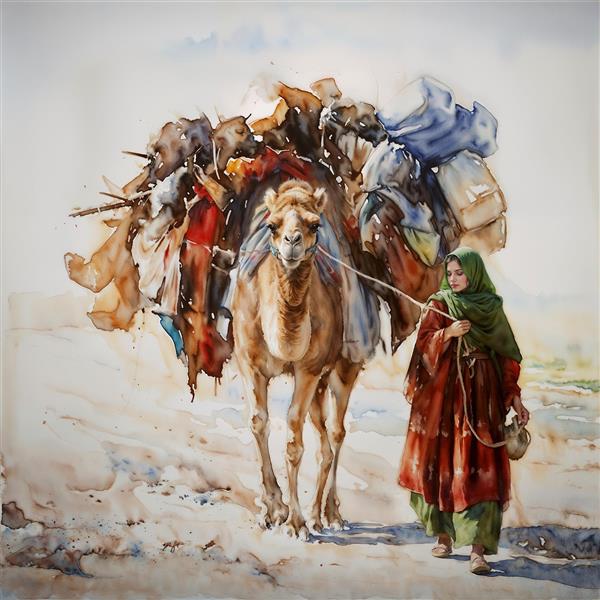 نقاشی آبرنگ زن کوچ‌نشین و شتر در کویر ویژه پوستر دیواری سنتی، پرده‌های چاپی و دکوراسیون رستوران‌های سنتی