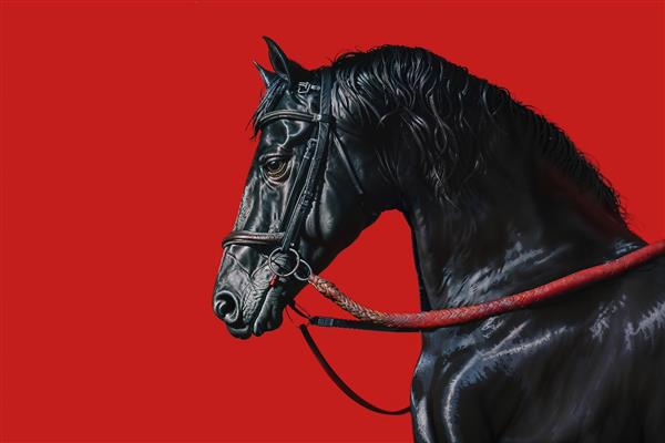 طرح گرافیکی نیم‌رخ اسب سیاه در زمینه قرمز تند برای پوستر دیواری کافه، رستوران و محیط‌های ورزشی مدرن