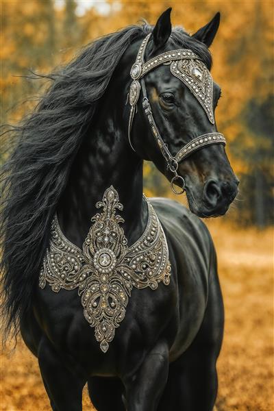 تصویر باکیفیت اسب سیاه با یراق‌آلات جواهرنشان در طبیعت پاییزی ویژه پوستر دیواری اتاق کار و تابلوهای لوکس