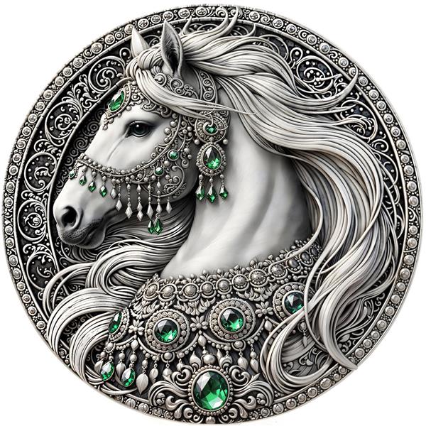 طرح برجسته اسب سفید سلطنتی با جواهرات زمرد و نقره مناسب برای پوستر دیواری ۳ بعدی پذیرایی و بشقاب‌های تزیینی