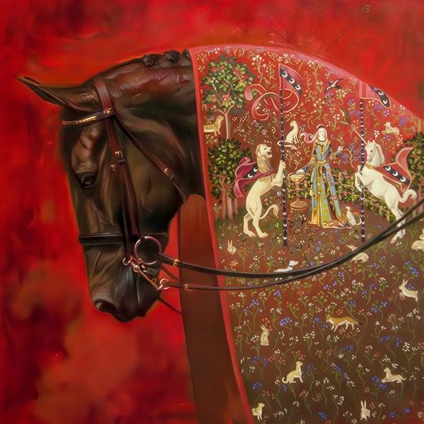 نقاشی مینیاتور اسب سیاه با پوشش کلاسیک اروپایی و طرح‌های اسلیمی برای تابلو دکوراتیو هتل‌ها و پوسترهای دیواری مجلل