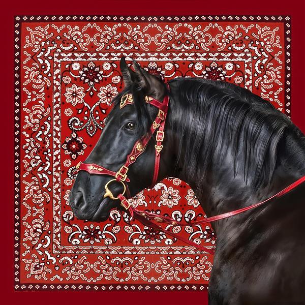 تصویر اسب سیاه با دهنه قرمز بر زمینه طرح فرش ایرانی مناسب برای پوستر دیواری سنتی و کافه‌های هنری