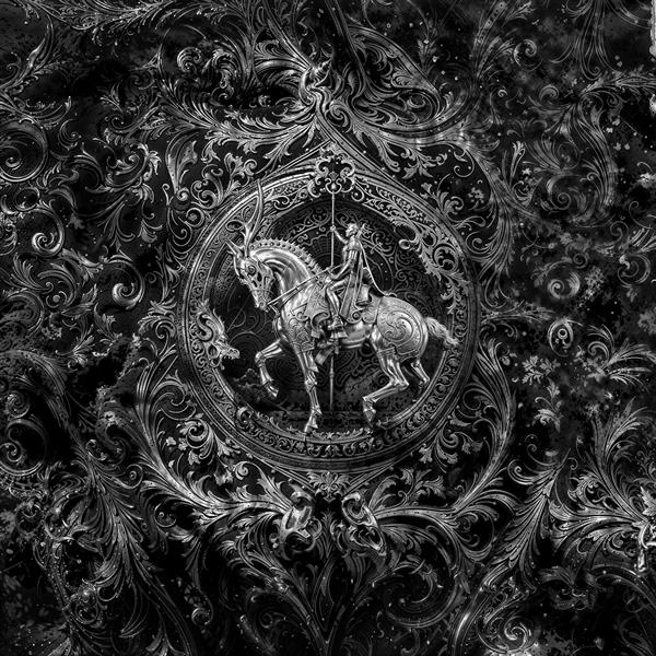 طرح حکاکی شده نقره‌ای اسب و سوارکار در قاب اسلیمی ویژه پوستر دیواری کلاسیک و دکوراسیون تالار