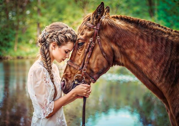عکس باکیفیت پیوند عاطفی دختر و اسب در طبیعت برای پوستر دیواری اتاق کودک، مهدکودک و کتاب داستان