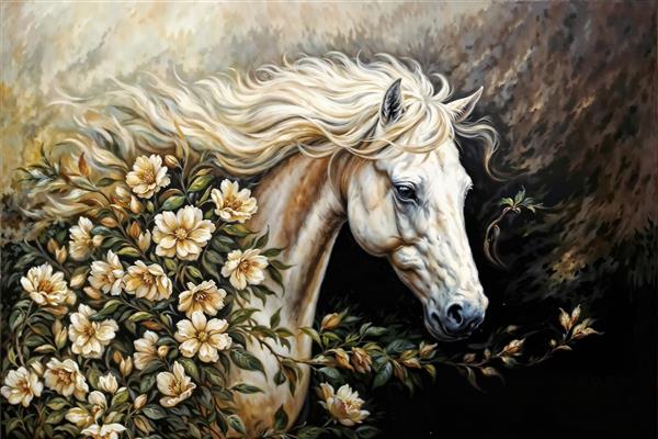 نقاشی کلاسیک اسب سفید در میان انبوه گل‌های بهاری ویژه پوستر دیواری پذیرایی و دکوراسیون سالن زیبایی