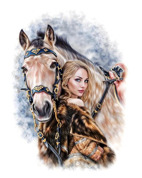 طرح نقاشی دیجیتال بانو و اسب کرم با جزئیات لوکس مناسب برای پوستر دیواری اتاق خواب و چاپ روی روتختی