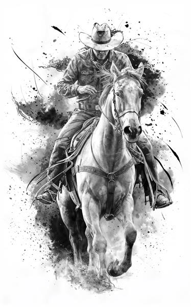 طرح سیاه و سفید آبرنگی گاوچران و اسب در حال حرکت برای پوستر دیواری خاص و چاپ روی بوم