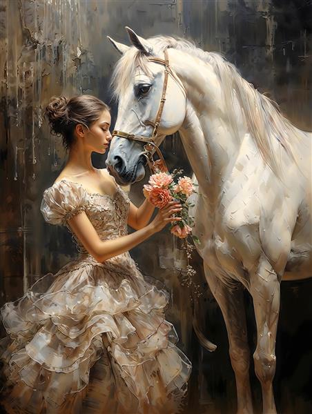 نقاشی رمانتیک بانو و اسب سفید با لباس مجلل و گل برای پوستر دیواری اتاق خواب و تالارهای پذیرایی