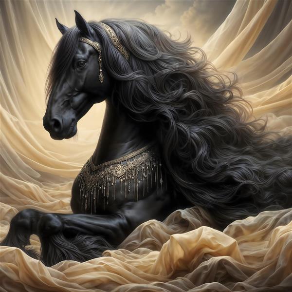 تصویر رویایی اسب سیاه با یال‌های بلند و جواهرات تزئینی برای پوستر دیواری لوکس مزون و اتاق خواب