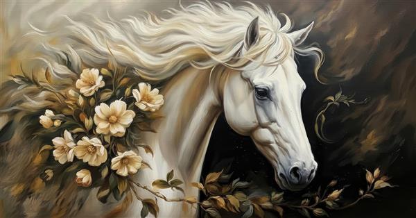 نقاشی دیجیتال اسب سفید با گل‌های کرم و طلایی خیره‌کننده برای پوستر دیواری پذیرایی و اتاق خواب مستر