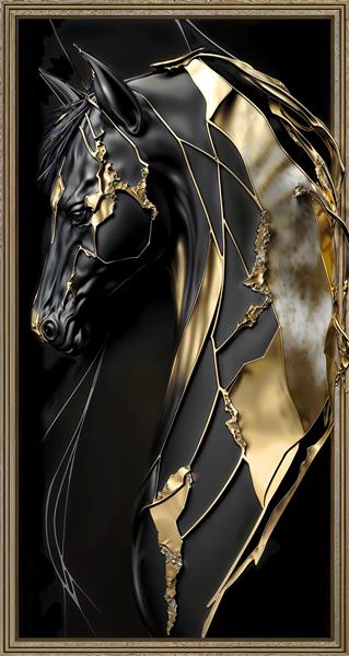 تابلوی هنری سیاه و طلایی سر اسب با طرح شکسته و مدرن ویژه پوستر دیواری دفاتر اداری، اتاق مدیریت و فضاهای تجاری لوکس