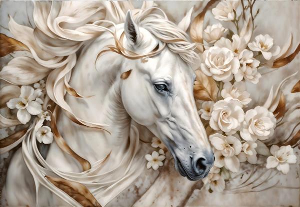 تصویر باکیفیت اسب سفید با یال‌های بلند در میان انبوه گل‌های رز روشن ویژه چاپ روی پرده پانچی، روتختی و پوستر دیواری پذیرایی