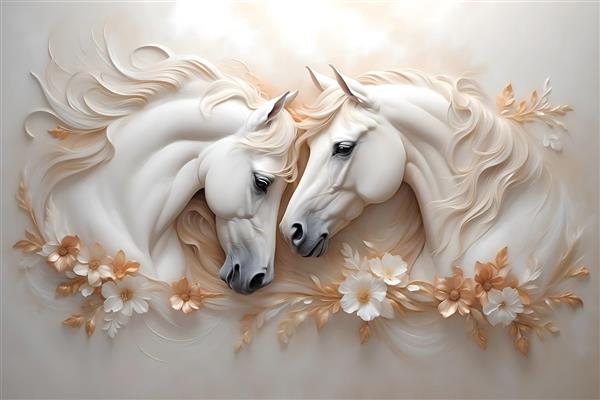طرح برجسته سه بعدی دو اسب عاشق با تزئینات گل‌های بهاری و تم رنگی طلایی و بژ برای پوستر دیواری لوکس تالار و لابی هتل