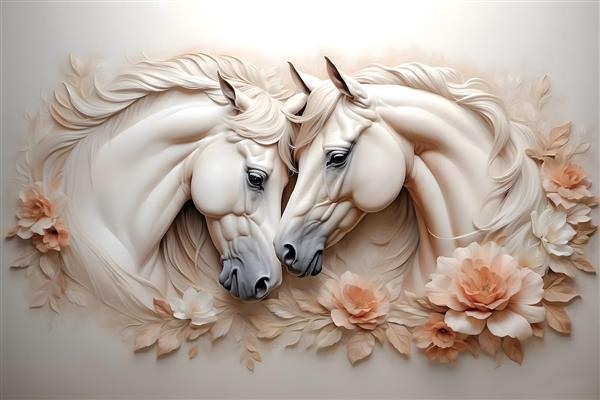 طرح گچ‌بری و پتینه‌کاری سه بعدی دو اسب سپید در میان گل‌های رز کرم و استخوانی ویژه پوستر دیواری پذیرایی و دیوار پشت تختخواب