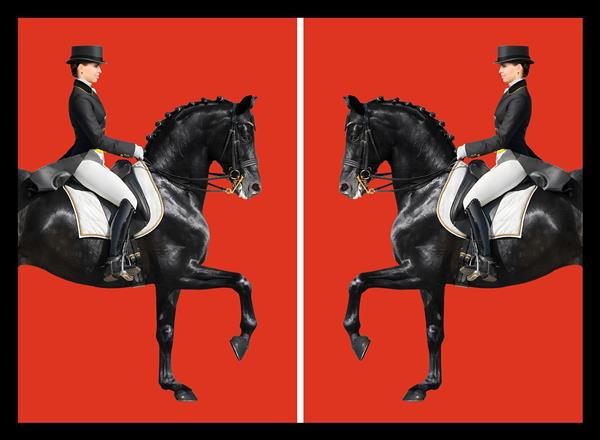 طرح قرینه و تکرار شونده سوارکار با اسب سیاه در زمینه قرمز تند ویژه چاپ پارچه، کاغذ دیواری مدرن و روتختی‌های هنری اتاق نوجوان
