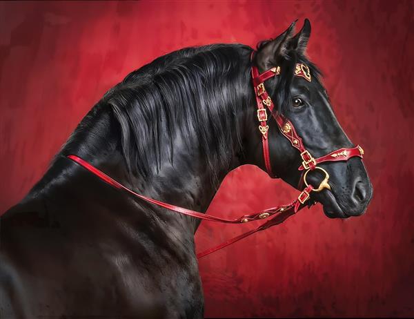 طرح گرافیکی اسب سیاه با دهنه و افسار قرمز فانتزی در زمینه زرشکی ویژه پوستر دیواری مزون‌های لوکس، کافه و پشت میز پذیرش هتل